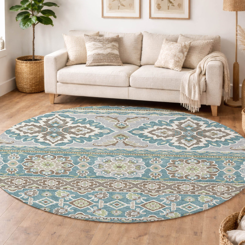 Machine Washable Indoor/Outdoor Chantille ACN2677 Tribal Rug, Teal, 8' Round
