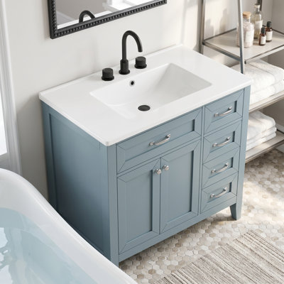 Meuble-lavabo sur pied simple en bois massif et panneau de fibres à densité moyenne 36 po avec lavabo en céramique intégré et accessoires