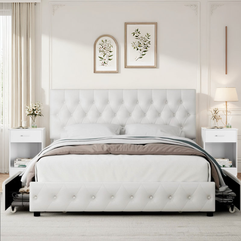 3-piece Bedroom Set, 54.3" Handmade Tufted Tall Bed Frame With Velvet Headboard, 2 Nightstands With Drawers, Full