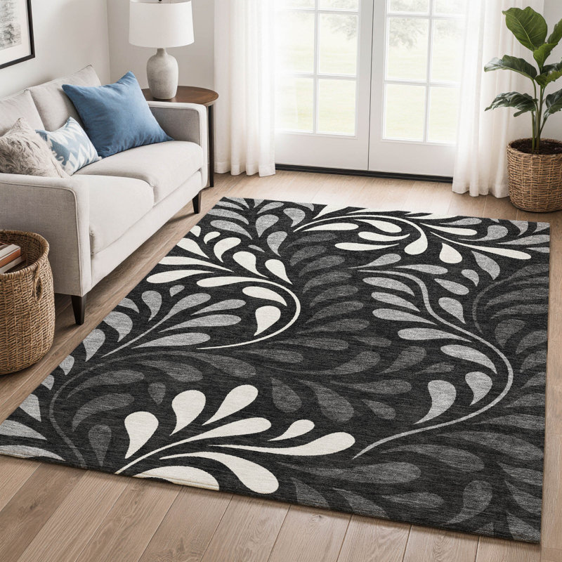 Premium Machine Washable Mayfield AMF2411 Floral Rug, 9' x 12', Black