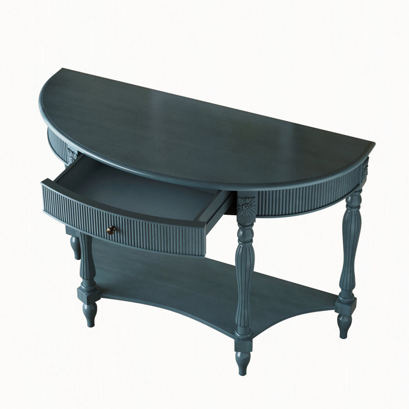 Console demi-lune en bois massif avec tiroir et tablette, conception vintage cannelée, Bleu antique, Bleu antique