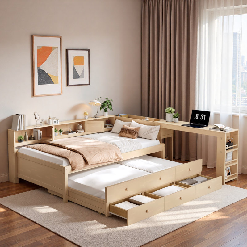 Wood Daybed With Storage Drawers, Side Shelves, Desk And Trundle, Twin, Golden