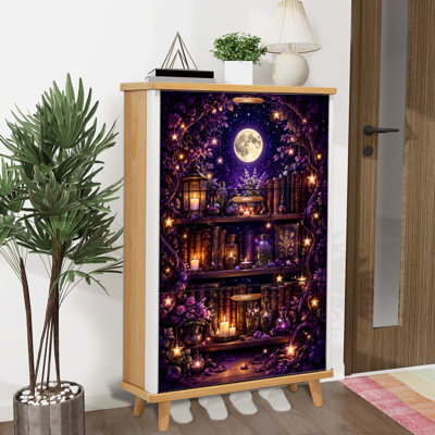 Shoe Storage Cabinet with 3 Flip Drawers for Magical Bookshelf Glowing Candles Full Moon Night Scene Shoe Rack Storage Organizer