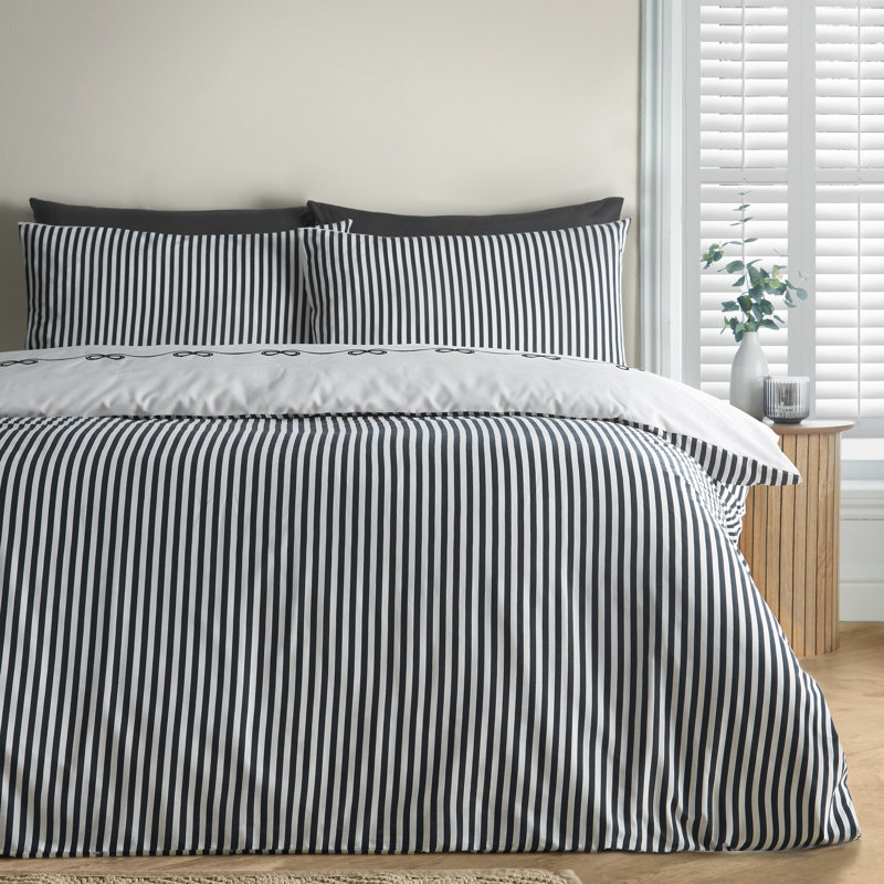 Bow Embroidery Duvet Cover Set, Double Bed (200 x 200 cm), Cream / Black