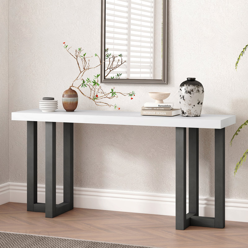 Console, conception géométrique, pieds en pin massif pour entrée - standard, 30" H x 63" W x 15.7" D, Grey,White, Grey,White