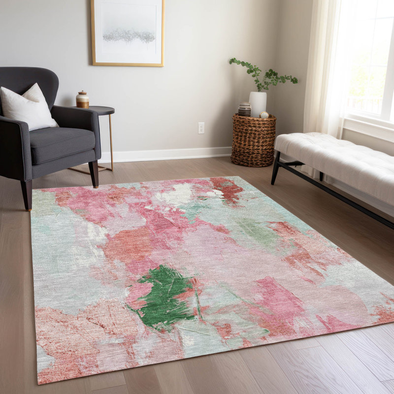 Machine Washable Indoor/Outdoor Xhevrie Blush Rug, Rectangle 3' x 5'
