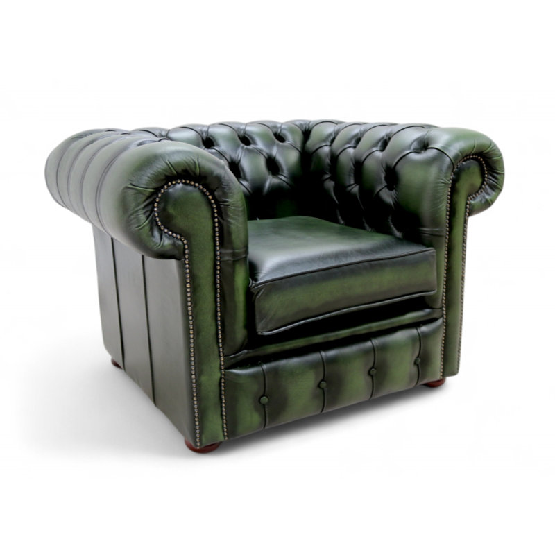 Chesterfield 3 Piece Suite. 3 Seater Sofa + Club Chair + Queen Anne Wing Chair Leather Sofa Suite Offer Antique, Green