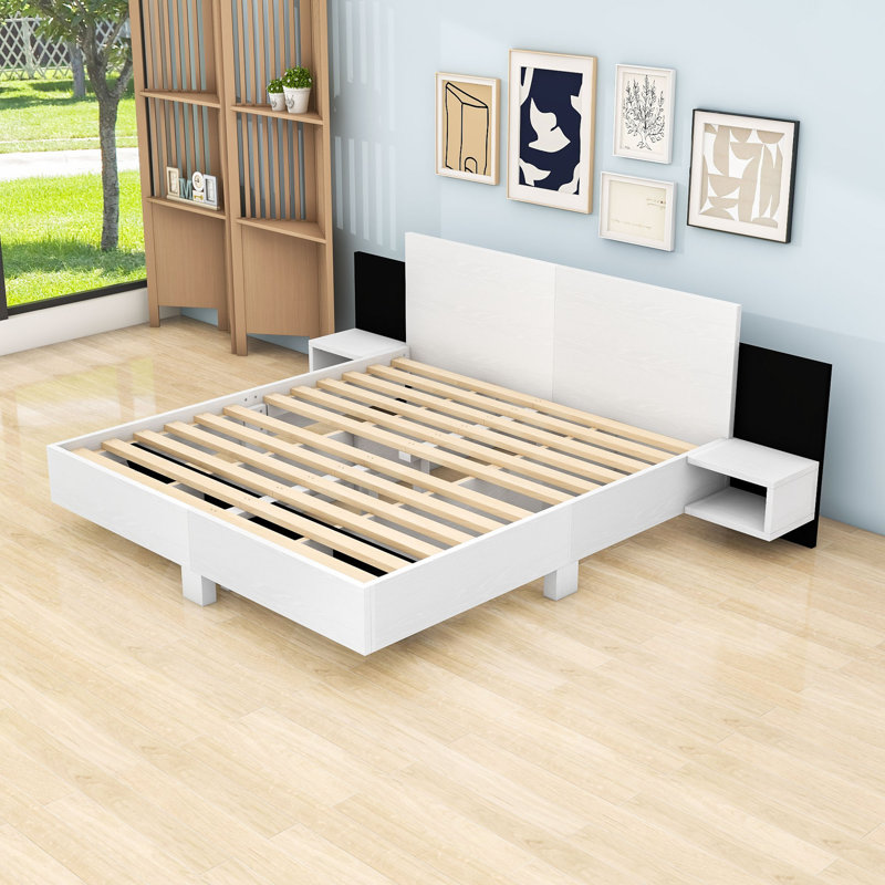 Wood Floating Platform Bed with LED Lights and Built-in Nightstands, King, White
