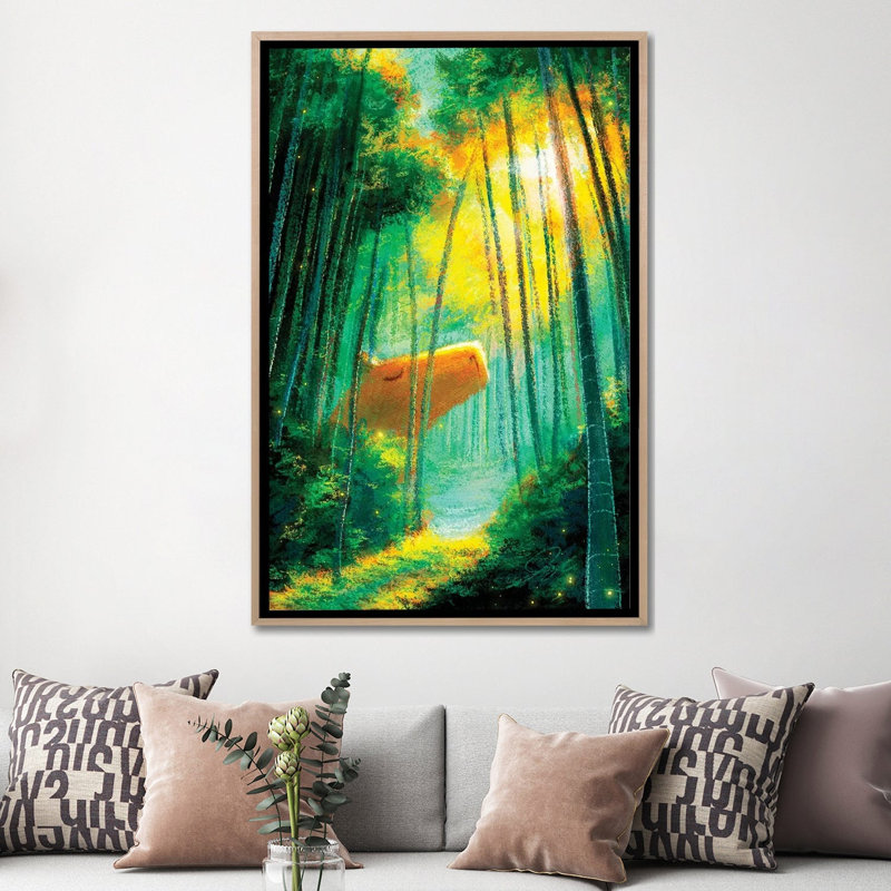 Capybara dans la forêt de bambous - reproduction d'art murale - toile encadrée, 60 po x 40 po, Toile avec cadre, Beige