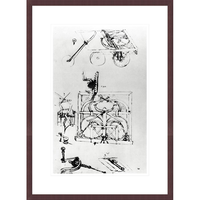 Perspective and plan drawings of automotive wagon moved by system of springs and equipped with differential transmission Fol. 296 (verso)-a from the Codex Atlanticus by Leonardo da Vinci -Framed Giclee Print