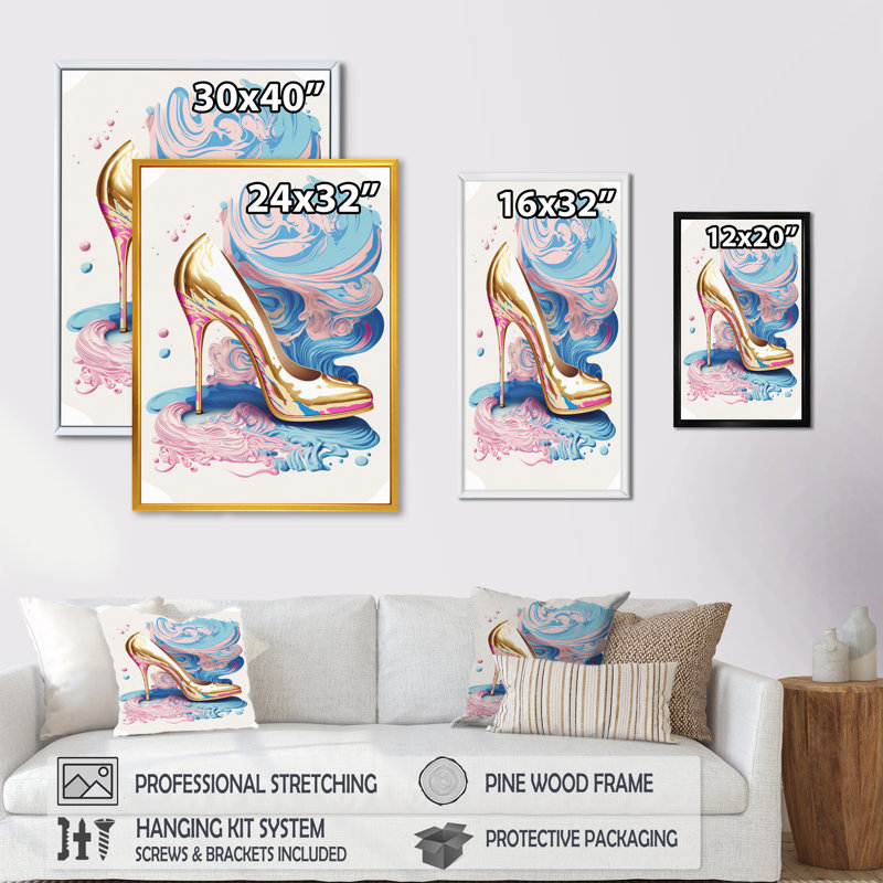 Art déco rose et bleu, chaussures à talons hauts V - Impression sur toile, H 40 po x l 30 po x P 1,5 po