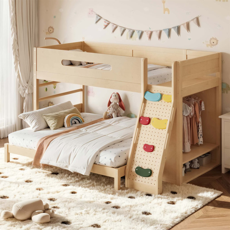 Lit simple superposé au-dessus de grand lit simple avec garde-robe et rangement intégrés, bois massif, escalade enfantine, conception à lattes doubles (sans matelas)