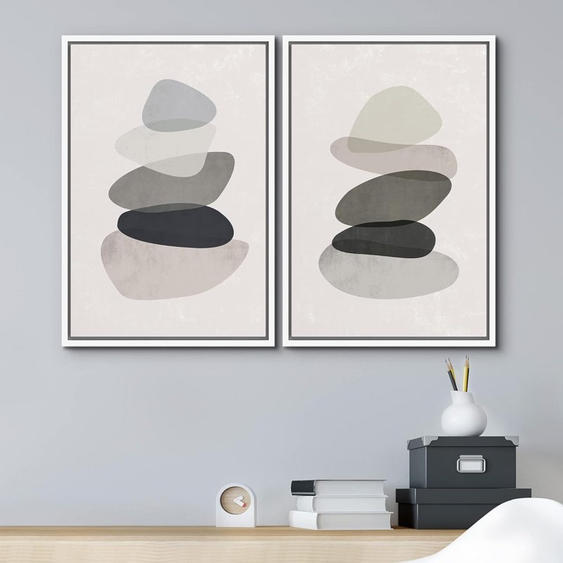 Mid-Century, formes géométriques pastel multicolores, formes abstraites modernes sur toile, 2 pièces, Cadre flottant blanc