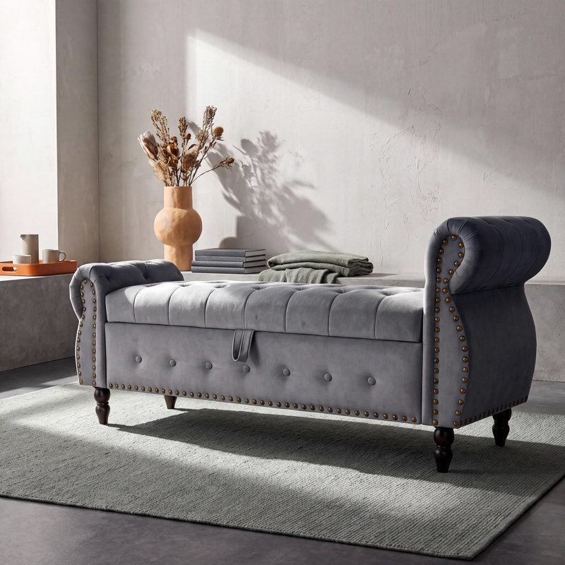 Velvet Upholstered Storage Bench, Grey