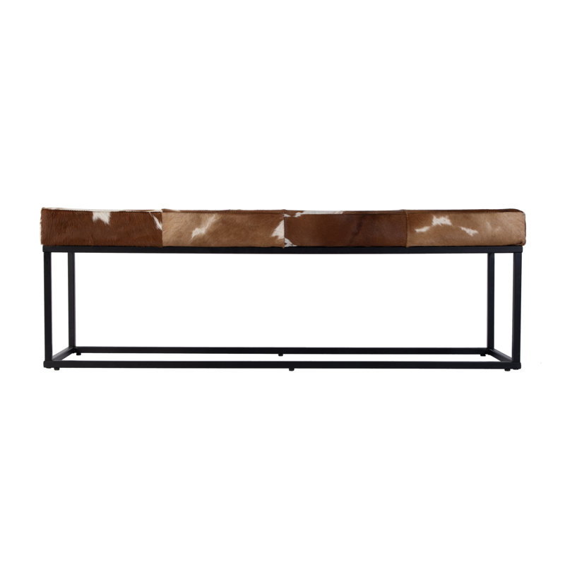 Stinson 54 in. W Hair-on-Hide Leather and Iron Accent Bench, White/Brown, White/Black/Brown Abstract