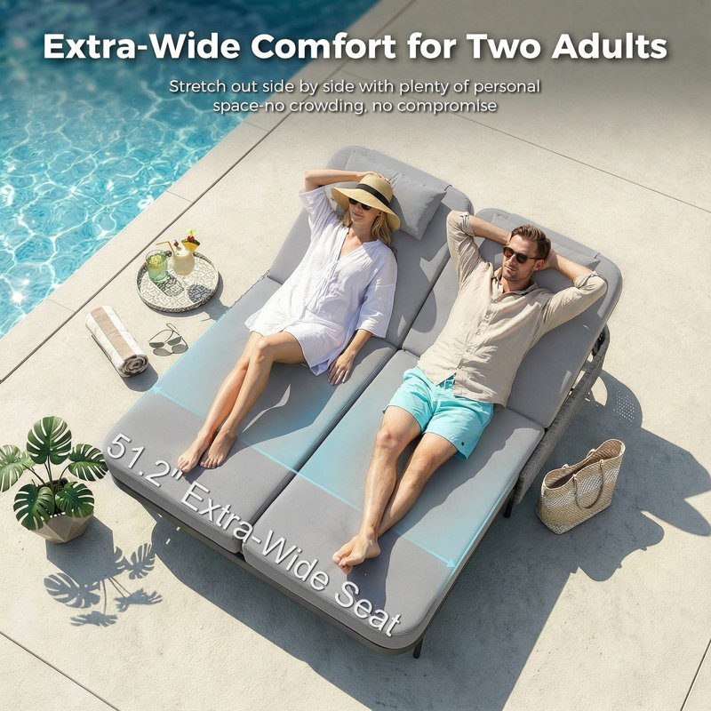 Outdoor Wicker 2-Person Double Chaise Lounge with Cushions, 6-Position Adjustable Backrests, Light Gray