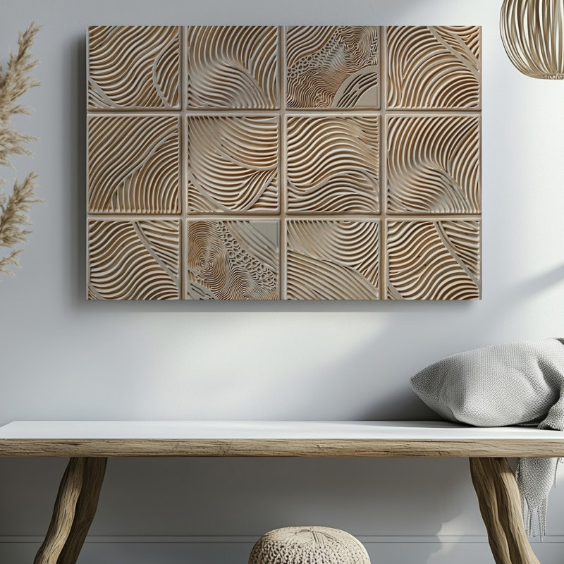 La toile crée une texture homogène mettant en vedette une série de lignes entrelacées d'art ondulé dans une palette de couleurs beige chaud