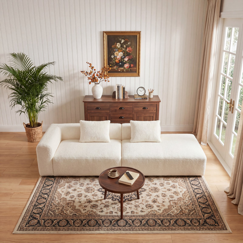 Méridienne intérieure à compression modulaire 59 po, lit de jour rembourré sans assemblage avec ressorts ensachés et coussin pour le salon, partie modulaire pour canapé modulaire beige