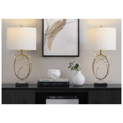 Black and Gold Metal Table Lamp with Glass Crystals and Off-White Linen Shade - Set of 2