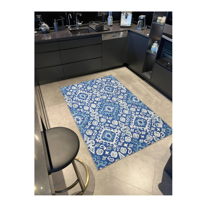 White Blue Round Diamond Decorative Washable Carpet, Round 5'