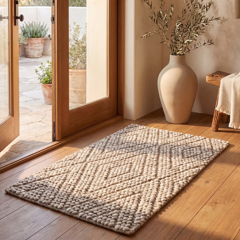 Jacobs Hand Woven Wool/Cotton Geometric Rug in Beige, Rectangle 2' x 3'