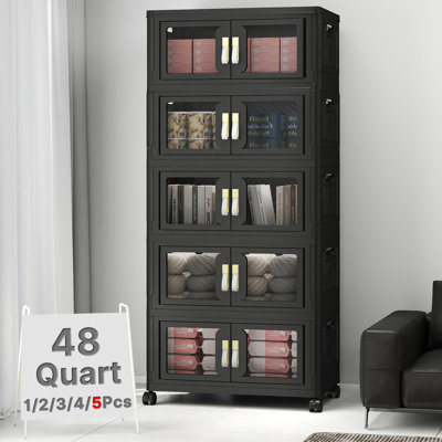 5-Tier Black Stackable Foldable Storage Bins with Lid & Wheels