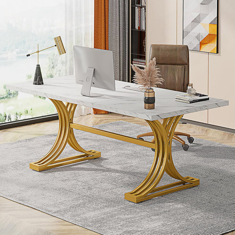 Modern Executive Desk, Large Office Computer Desk With Stylish X-Legs