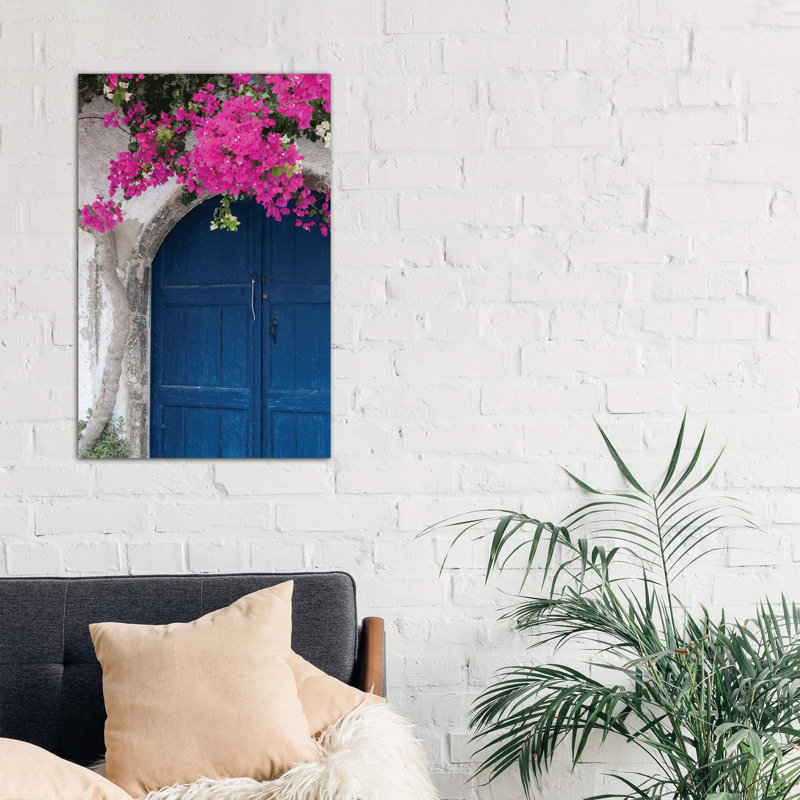 Greece, Santorini Weathered Blue Door Is Framed by Bright Pink Bougainvillea Blossoms 1 Piece Wall Art on Canvas, No Frame