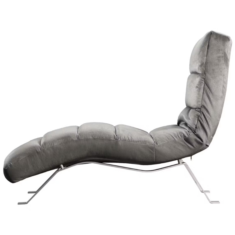 Rye Upholstered Velvet Fabric Chaise Lounge with Adjustable Backrest, Grey, Silver