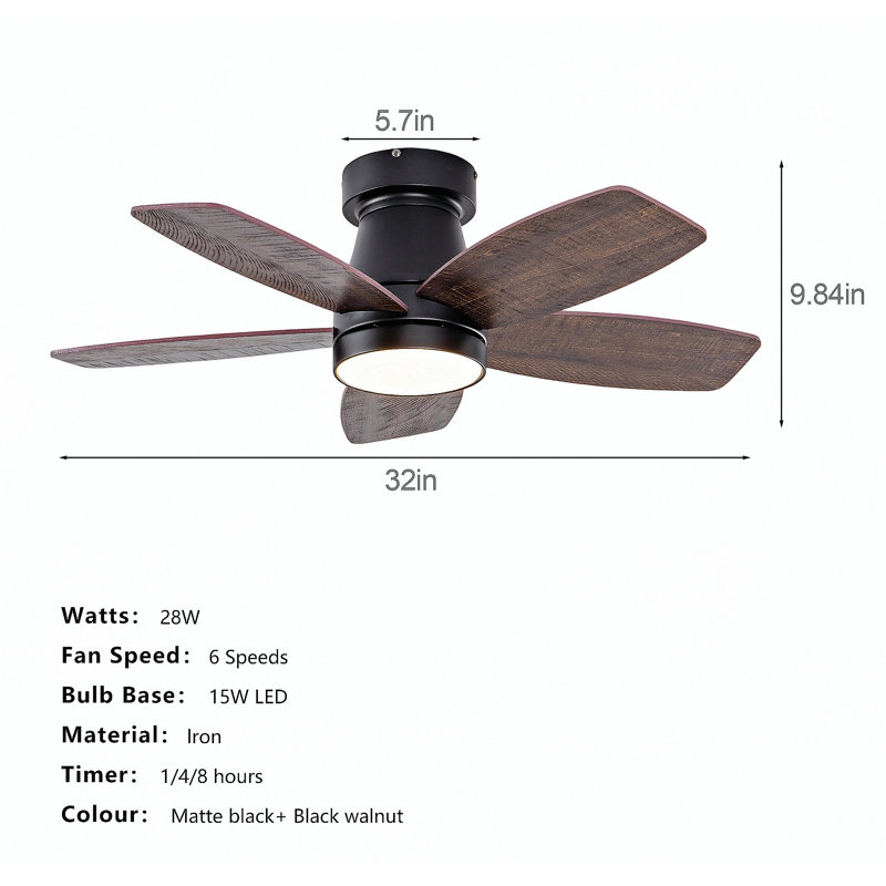 Ventilateur de plafond à 5 pales de 35 pouces, ventilateur de plafond moderne avec pales en bois massif et éclairage à DEL. Convient pour la cuisine, le salon et la terrasse, noir