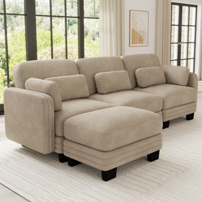 Canapé modulaire capitonné 3 places, chenille, 2 pièces, canapé en L à 3 places avec repose-pieds mobile, chameau, coussins en mousse haute résilience Channel