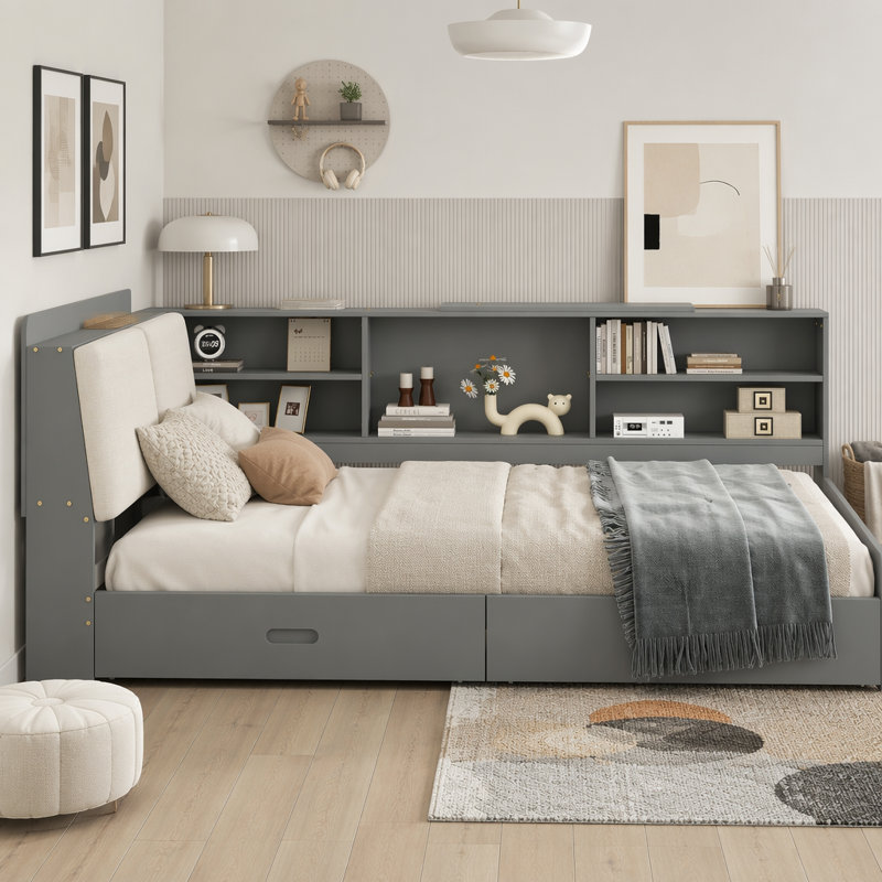 Lit plateforme avec tête de lit, tablettes et 2 tiroirs, Double, Gris