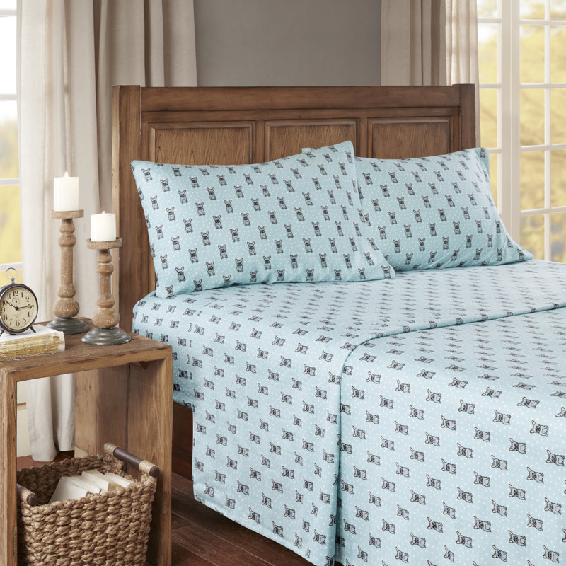 Ensemble de draps 100% coton Cozy, Ensemble de draps très grand californien avec 2 t, Turquoise, bouledogue français