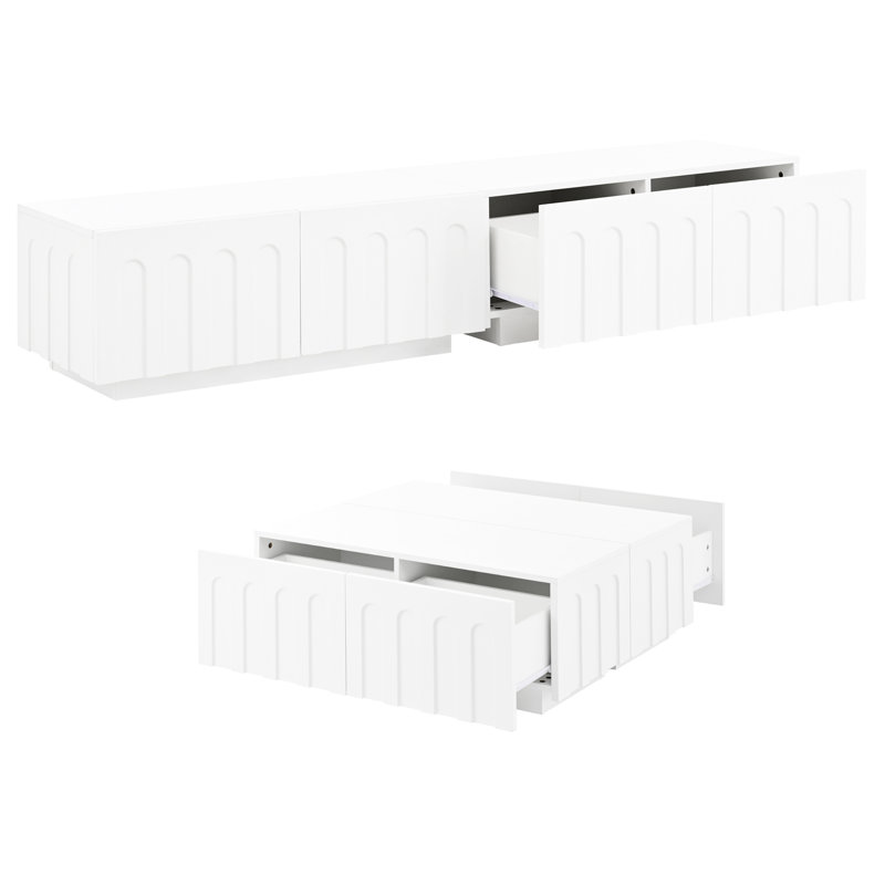 Elegant White Tv Stand & Coffee Table Pair, Dual - Purpose Center With Arched Drawer Style, Flexible Furniture For Home Organization Needs, 8 Spacious Drawers Keeping Neat, Crafted From And Ensemble,
