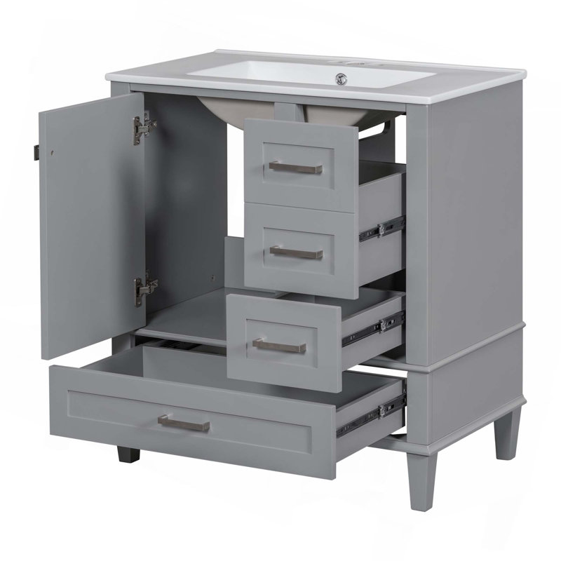 Contemporary Bathroom Vanity Cabinet With Sink, 1 Soft Closing Door And 3 Drawers, Gray
