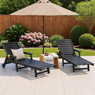 Ensemble de 2 chaises longues surdimensionnées en PEHD avec roulettes, fauteuil inclinable réglable à 5 positions pour patio et porte-gobelet amovible, gris