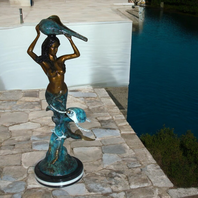 Metal Mermaid 43 Inch Holding a Shell Fountain, Snowhill Bronze Polychrome Statue, 14"Lx 24"W x 43"H