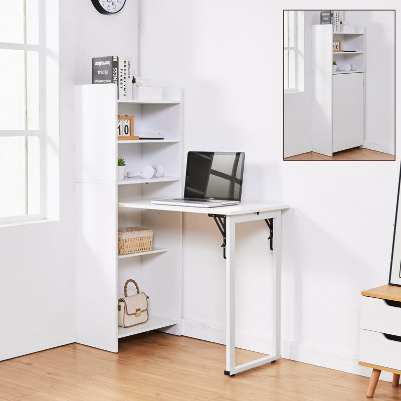 Bureau d'ordinateur à bibliothèque pliable avec prise de courant intégrée, conception anti-basculement, bouton facile à plier, stabilité des pieds renforcée, peu encombrant pour le bureau à domicile