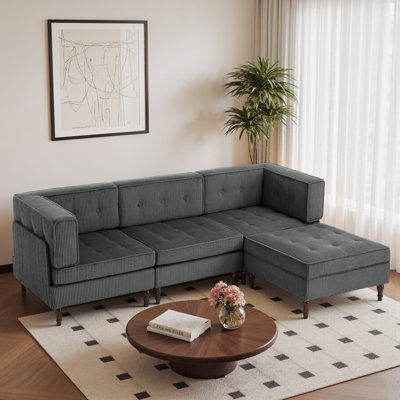 4 - Piece Upholstered Tufted Corduroy Modular Corner Sofa with Pillow Back and Removable Flip-Tray Top Storage Ottoman 