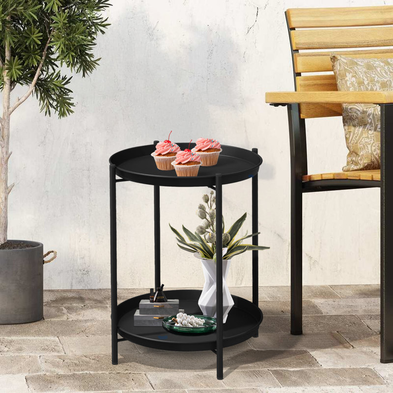 Outdoor Side Table, 2-Tier End Table Round Accent Table, Black