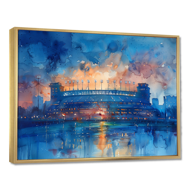 «Blue Orange Footbal Stadium At Night - Stades», reproduction d'art mural, Toile avec cadre flottant or