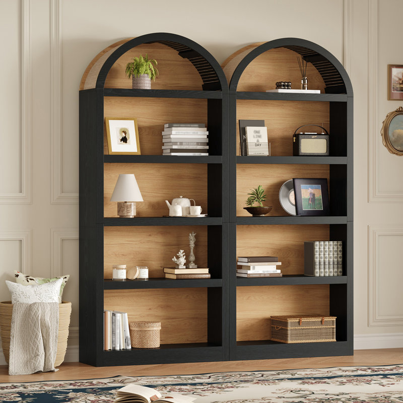 Freestanding 5 Tier Bookcase Set Of 2, Open Storage Display, Arched Top Design, Modern Farmhouse, Living Room, Black