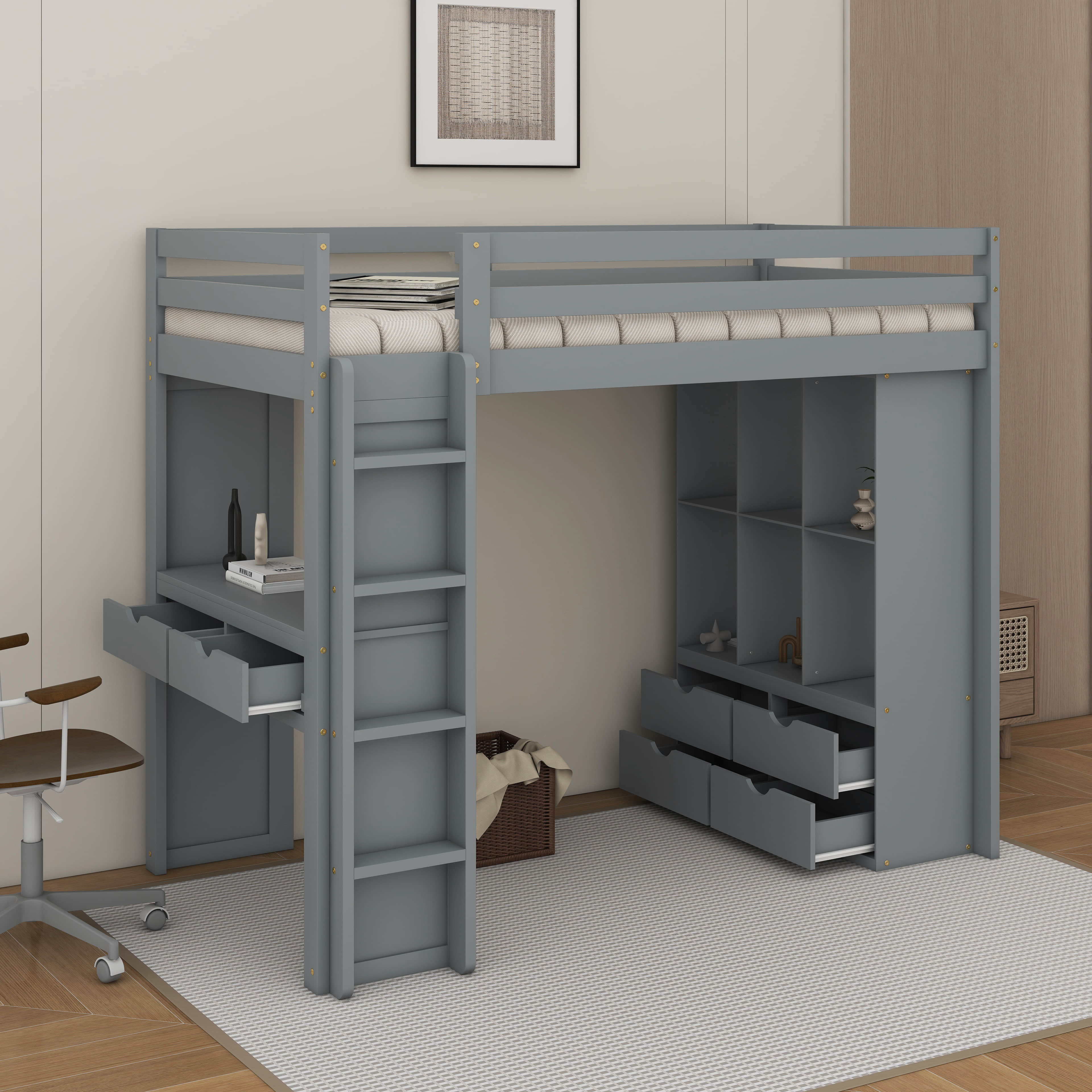 Latitude Run® Twin Loft Bed With Large Shelves, Desk And LED - Wayfair ...