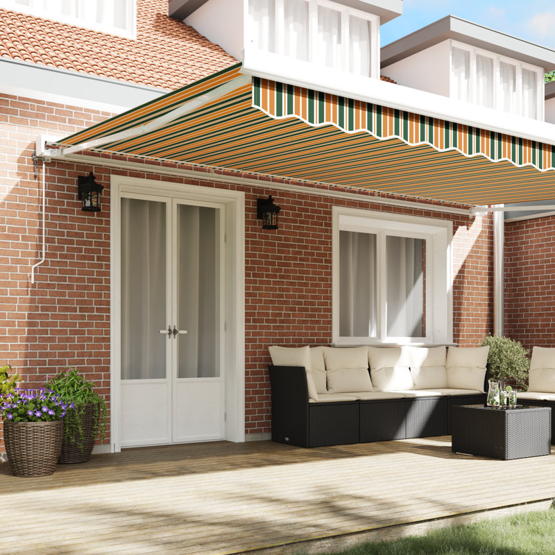 Ebern Designs Retractable Patio Awning, Green/Yellow Striped, 500 cm W x 300 cm D