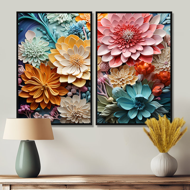 Ensemble de 2 décorations murales Coral Colorful Collage II - bleu sarcelle, H 36 po x l 48 po, Noir