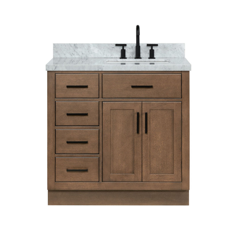 Meuble-lavabo simple en bois massif 36 po Tidworth avec plateau en marbre de Carrare 1,5 po, Oui, Forme rectangulaire