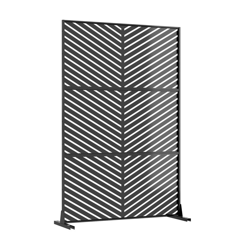 Freestanding Metal Privacy Screen, Laser Cut Decorative Garden Fence Panel with Stand, Rustproof Galvanised Steel Divider, 183x120cm, Black, Diagonal Stripe Pattern