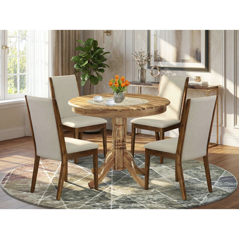 Ensemble de table de salle à manger 5 pièces comprenant une table de cuisine ronde avec piédestal et 4 chaises de salle à manger Parson en tissu gris, 36 x 36 po, naturel