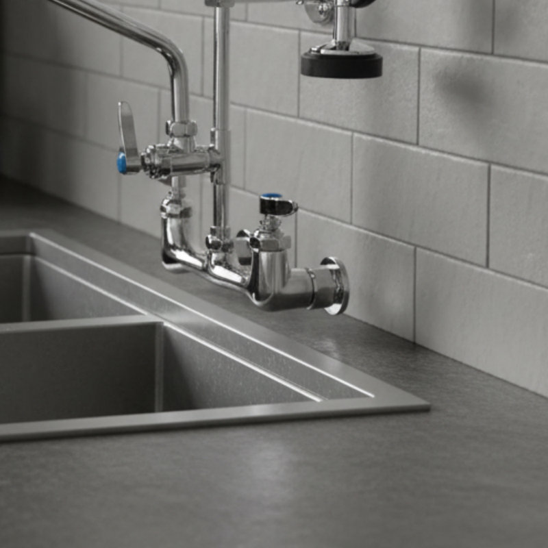 Commercial Faucet With Pre-Rinse Drop-Down Spray Head, 8-Inch Center Distance, 12-Inch Spout For More Efficient Cleaning.
