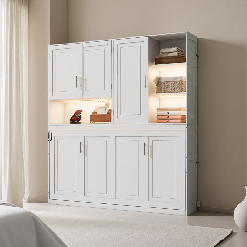 Lit escamotable mural simple avec armoire supérieure, tablettes, lit pliable peu encombrant avec lumière et USB, Blanc